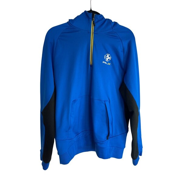 RLX Ralph Lauren Performance Hoodie Blue Black Pullover Half Zip Men's Size L - Picture 1 of 12